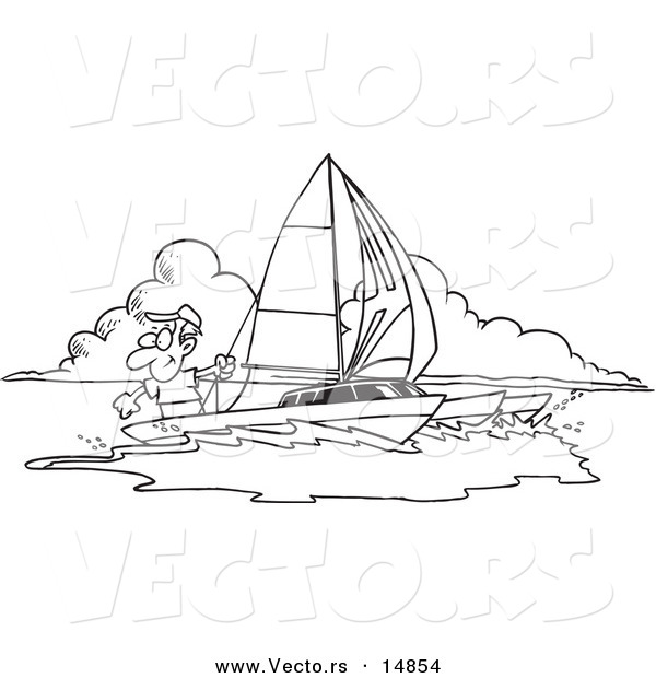 Vector of a Cartoon Man Sailing a Trimaran - Coloring Page Outline