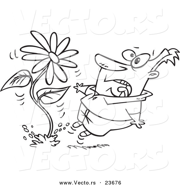 Vector of a Cartoon Man Screaming at a Giant Daisy Springing up - Coloring Page Outline