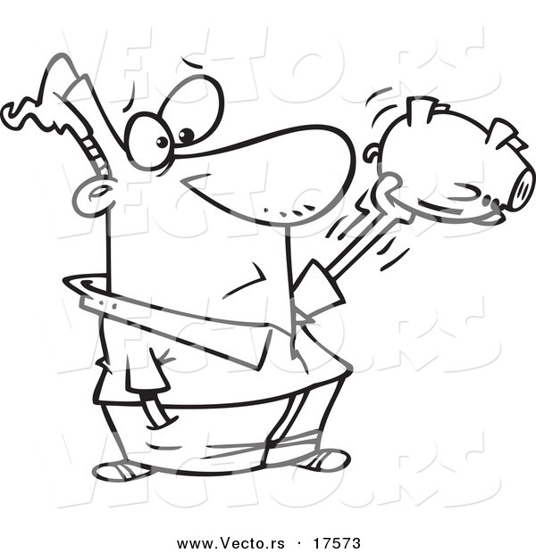 Vector of a Cartoon Man Shaking His Empty Piggy Bank - Coloring Page Outline