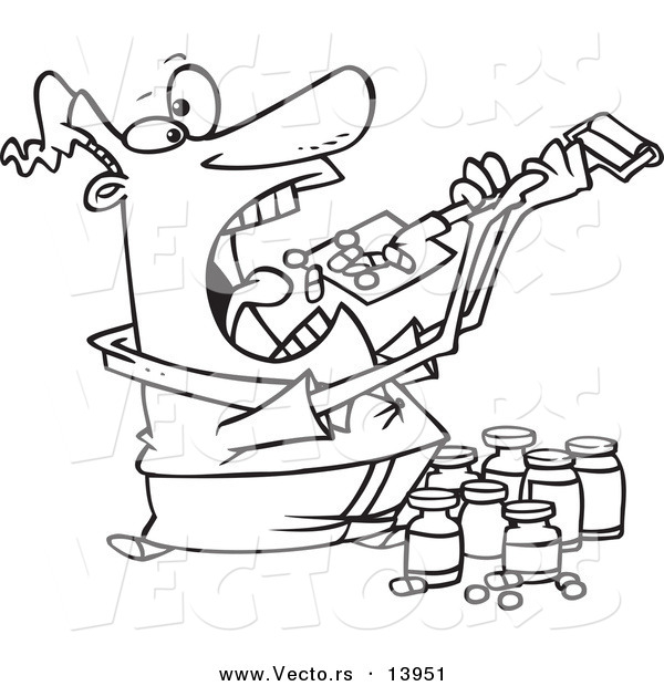 Vector of a Cartoon Man Shoveling Dietary Supplements into His Mouth - Coloring Page Outline