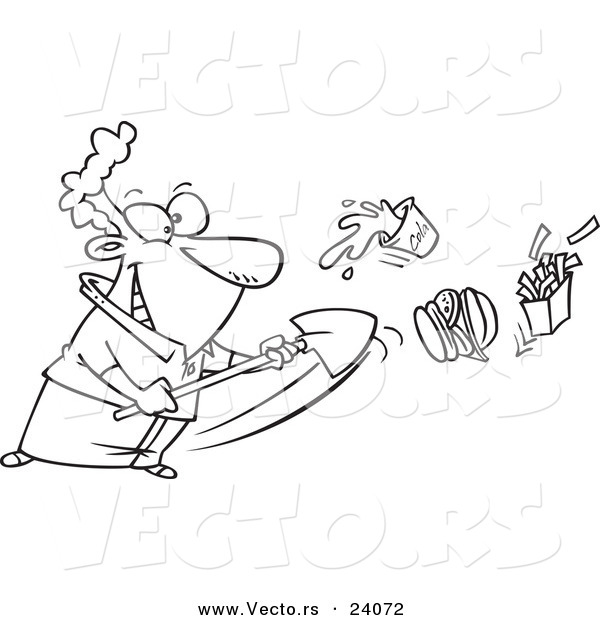 Vector of a Cartoon Man Shoveling Junk Food out - Coloring Page Outline