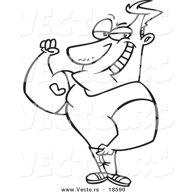 Vector of a Cartoon Man Showing off His Heart Tattoo on His Bicep - Outlined Coloring Page