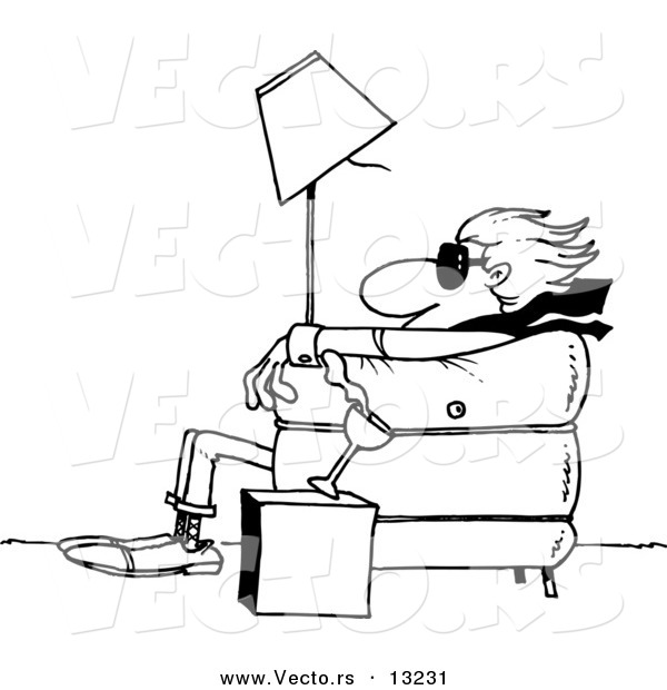 Vector of a Cartoon Man Sitting in a Chair and Being Blown Away - Coloring Page Outline