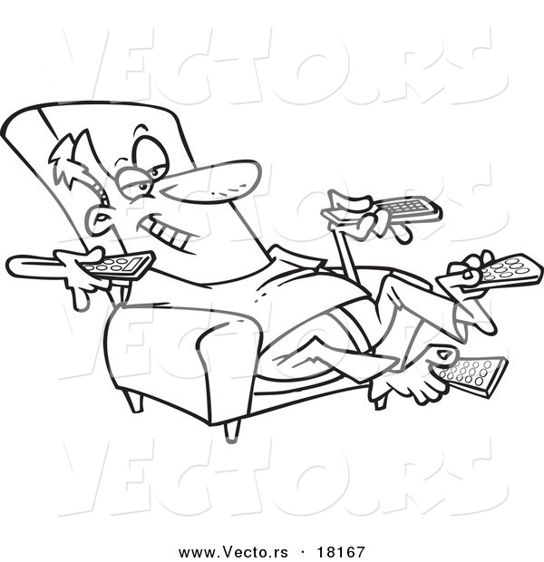 Vector of a Cartoon Man Sitting in a Recliner and Holding Many Remote Controls - Outlined Coloring Page