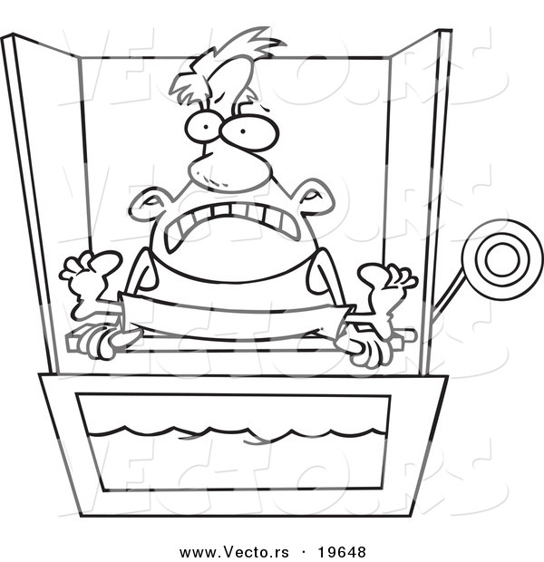 Vector of a Cartoon Man Sitting on a Dunk Tank - Outlined Coloring Page