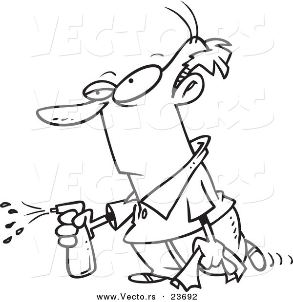 Vector of a Cartoon Man Spraying - Coloring Page Outline