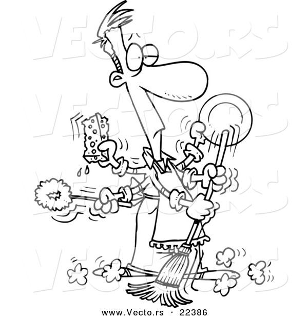 Vector of a Cartoon Man Spring Cleaning - Coloring Page Outline