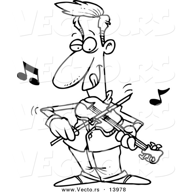 Vector of a Cartoon Man Standing and Playing a Violin - Coloring Page Outline