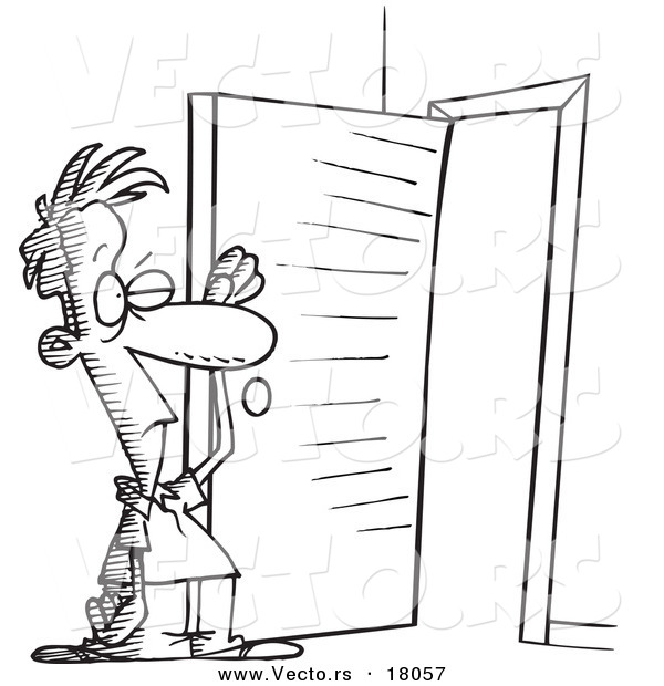 Vector of a Cartoon Man Standing at an Open Door with Bright Light - Outlined Coloring Page