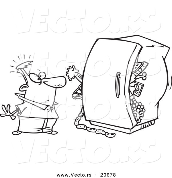 Vector of a Cartoon Man Standing Before a Packed Refrigerator - Coloring Page Outline