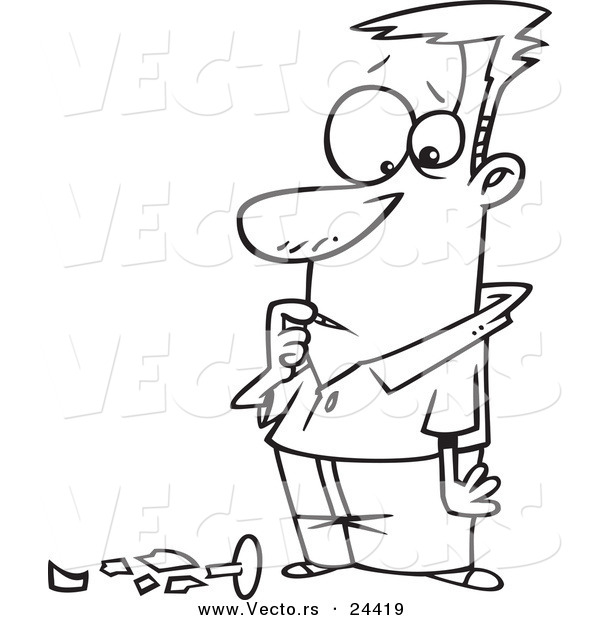 Vector of a Cartoon Man Standing over Broken Glass - Outlined Coloring Page