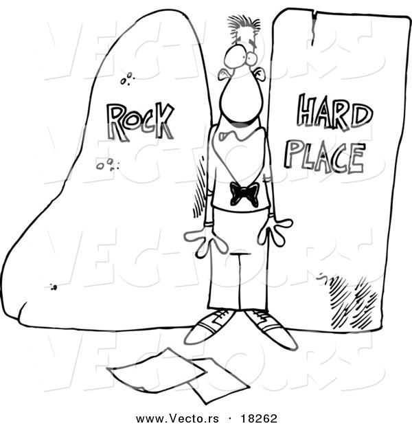 Vector of a Cartoon Man Stuck Between a Rock and a Hard Place - Outlined Coloring Page