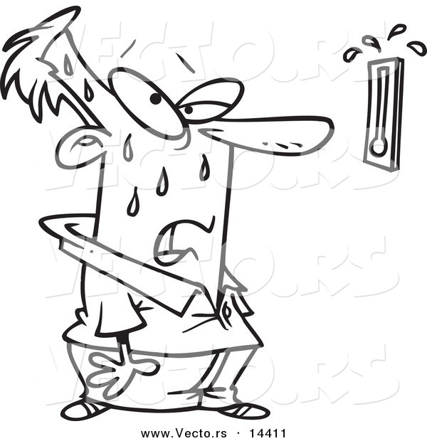Vector of a Cartoon Man Sweating and Staring at a Hot Thermometer - Coloring Page Outline