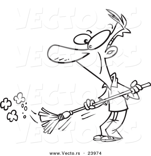 Vector of a Cartoon Man Sweeping - Coloring Page Outline