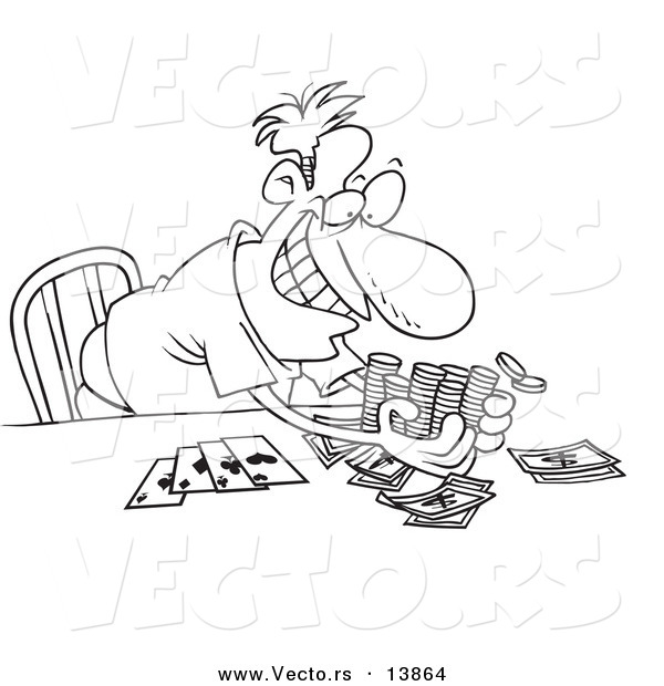 Vector of a Cartoon Man Taking His Poker Winnings - Coloring Page Outline