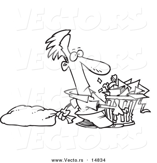 Vector of a Cartoon Man Taking out a Lot of Trash - Coloring Page Outline