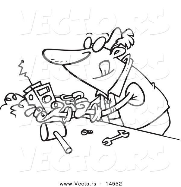 Vector of a Cartoon Man Tinkering with an Electronic Device - Coloring Page Outline