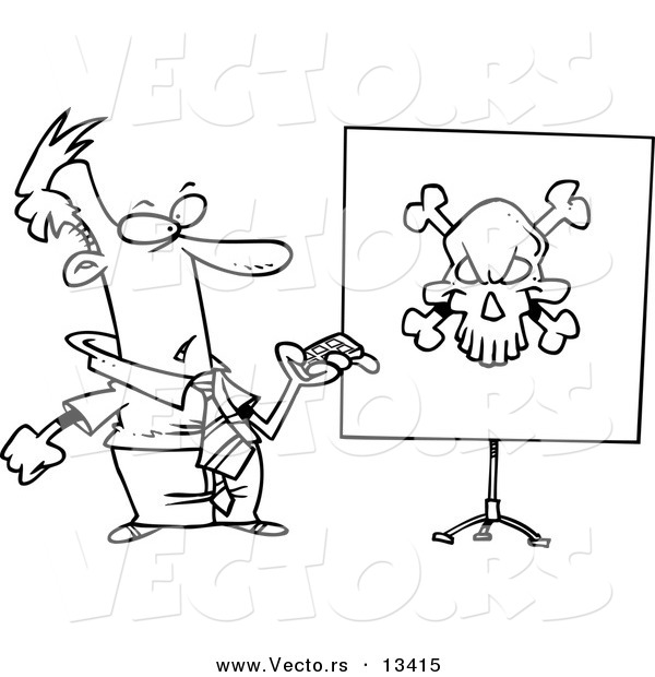Vector of a Cartoon Man Turning a Projector on and Seeing a Skull - Coloring Page Outline