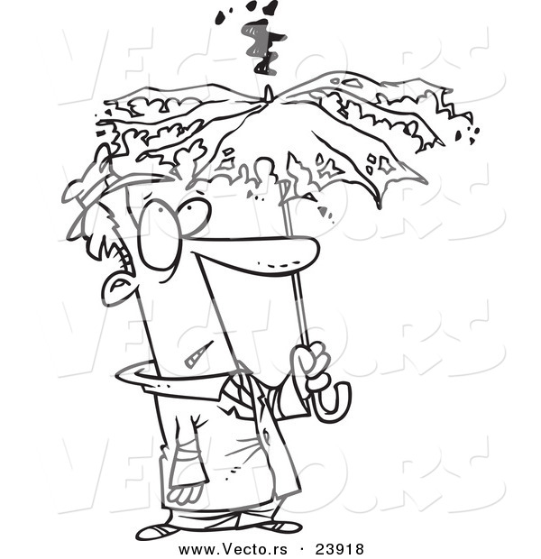 Vector of a Cartoon Man Under a Struck Umbrella - Coloring Page Outline