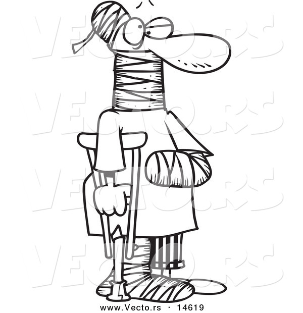 Vector of a Cartoon Man Using a Crutch for Traction - Coloring Page Outline