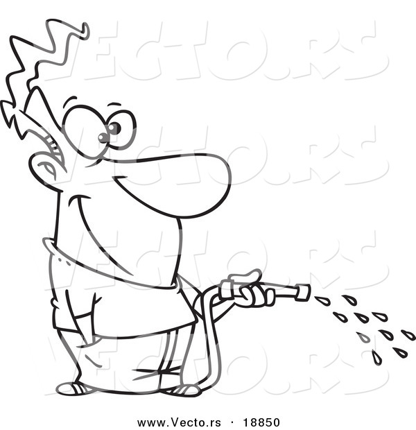 Vector of a Cartoon Man Using a Garden Hose - Outlined Coloring Page by