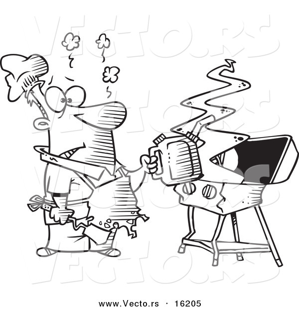 Vector of a Cartoon Man Using a Gas Can to Ignite His Bbq - Outlined Coloring Page Drawing