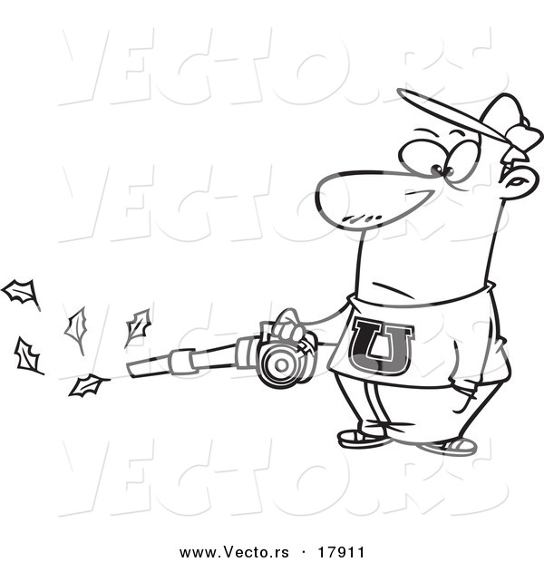 Vector of a Cartoon Man Using a Leaf Blower - Outlined Coloring Page