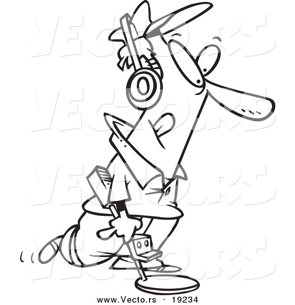 Vector of a Cartoon Man Using a Metal Detector - Outlined Coloring Page