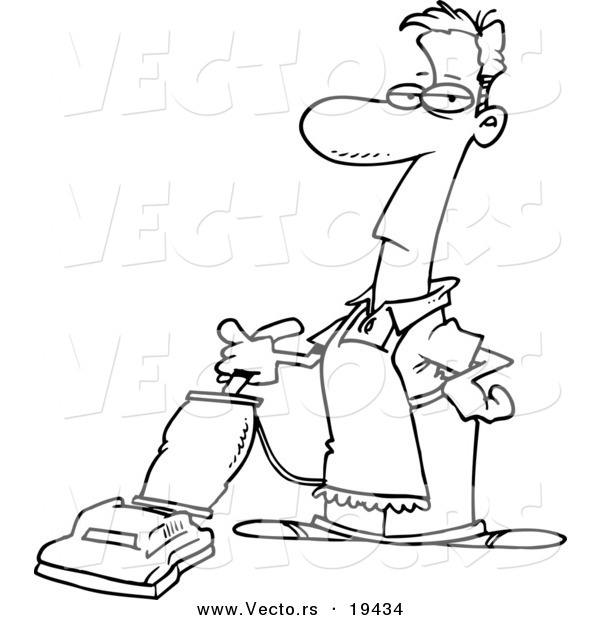 Vector of a Cartoon Man Vacuuming - Outlined Coloring Page