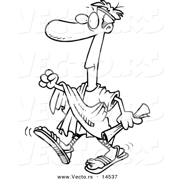 Vector of a Cartoon Man Walking in a Toga - Coloring Page Outline