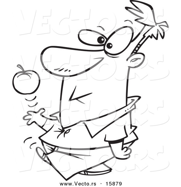 Vector of a Cartoon Man Walking, Tossing and Catching an Apple - Outlined Coloring Page Drawing