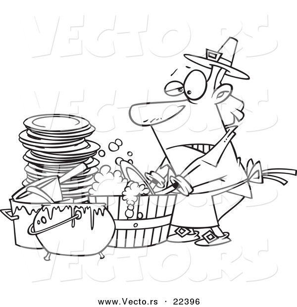 Vector of a Cartoon Man Washing Dishes in a Barrel - Coloring Page Outline