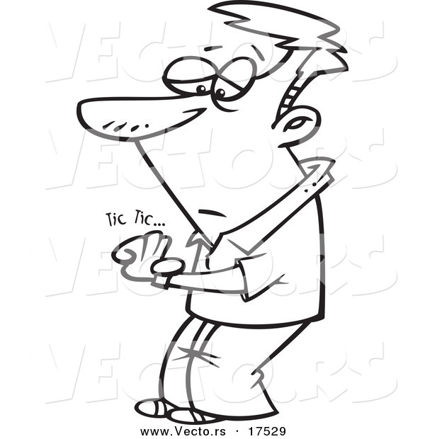 Vector of a Cartoon Man Watching His Watch Tick - Coloring Page Outline