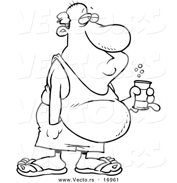 Vector of a Cartoon Man with a Beer Belly and Canned Beverage - Coloring Page Outline
