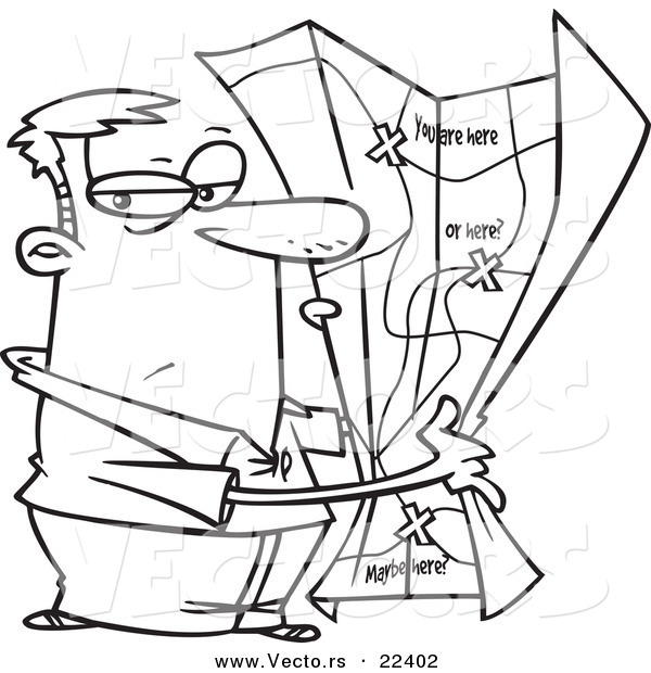 Vector of a Cartoon Man with a Big Map - Coloring Page Outline