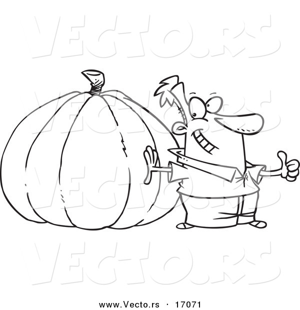Vector of a Cartoon Man with a Big Pumpkin - Coloring Page Outline