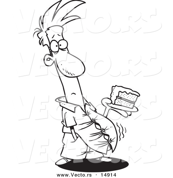 Vector of a Cartoon Man with a Bulging Belly Holding Birthday Cake - Coloring Page Outline