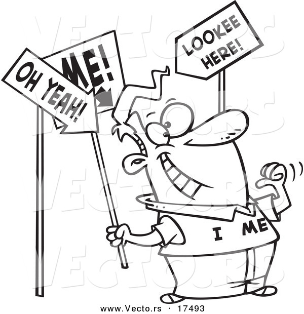 Vector of a Cartoon Man with an Ego Holding Signs - Coloring Page Outline