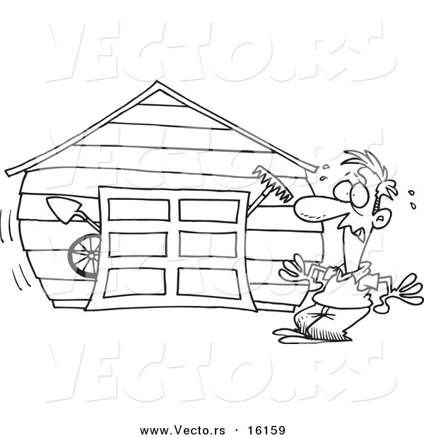 Vector of a Cartoon Man with an Overflowing Garage - Outlined Coloring Page Drawing