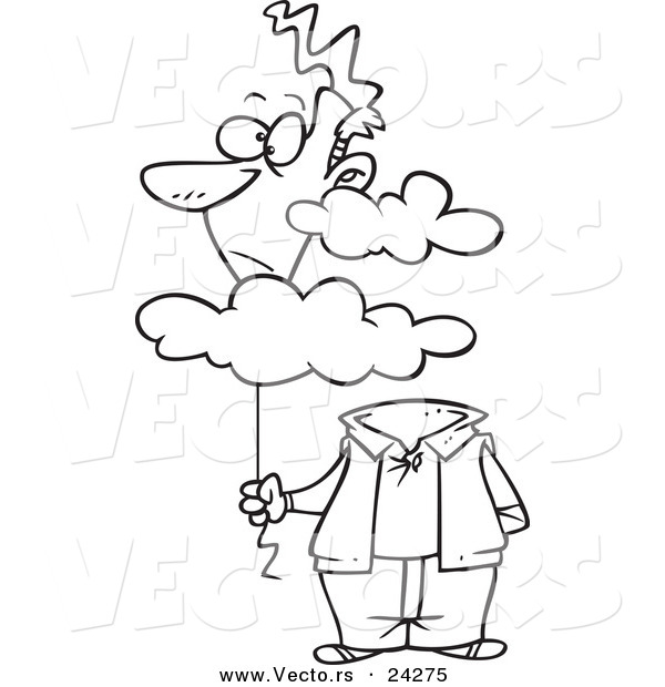 Vector of a Cartoon Man with His Balloon Head in the Cloud - Outlined Coloring Page