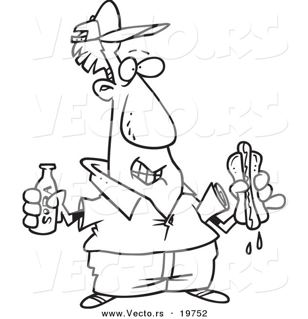 Vector of a Cartoon Man with Soda and a Hot Dog - Outlined Coloring Page
