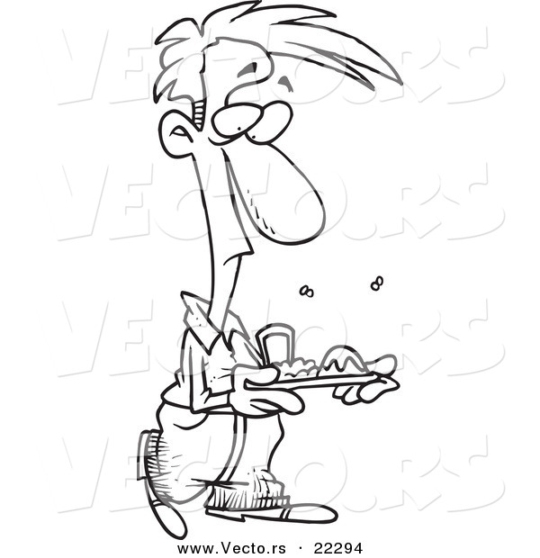 Vector of a Cartoon Man with Stinky Cafeteria Food - Coloring Page Outline