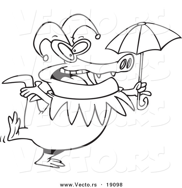 Vector of a Cartoon Mardi Gras Crocodile Holding an Umbrella - Outlined Coloring Page