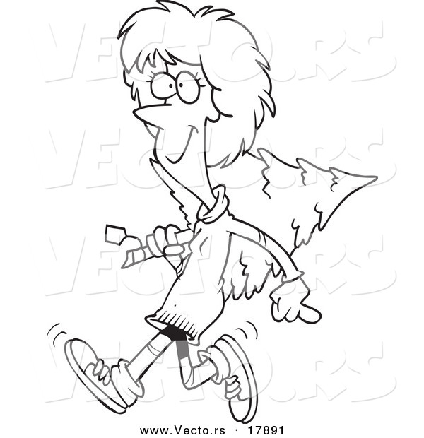 Vector of a Cartoon Merry Woman Carrying a Christmas Tree - Outlined Coloring Page