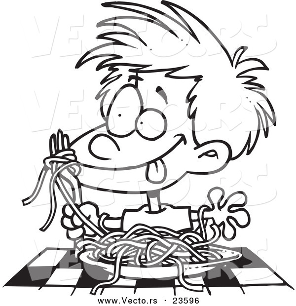 Vector of a Cartoon Messy Boy Chowing down on Spaghetti - Coloring Page Outline