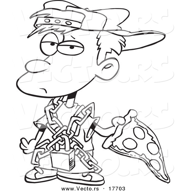 Vector of a Cartoon Messy Boy Eating Pizza - Coloring Page Outline