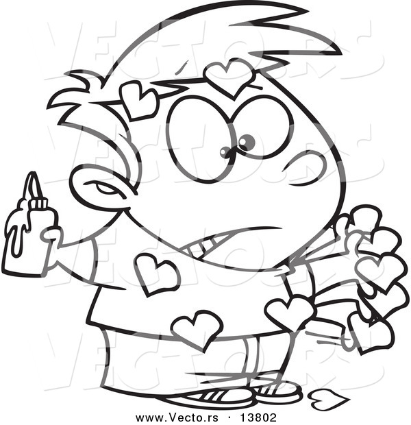 Vector of a Cartoon Messy Boy with Valentine Hearts Glued All over His Body - Coloring Page Outline