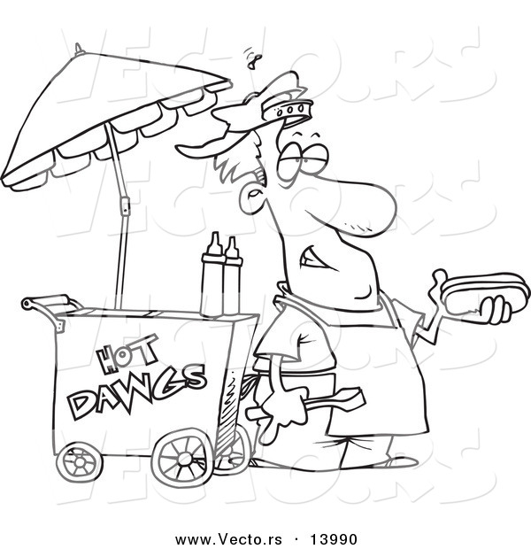 Vector of a Cartoon Messy Hot Dog Vendor by His Cart - Coloring Page Outline