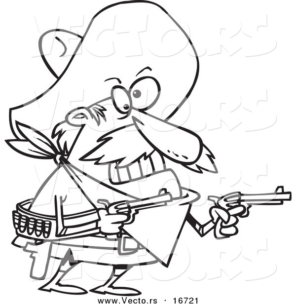 Vector of a Cartoon Mexican Bandito Holding Pistols - Outlined Coloring Page Drawing