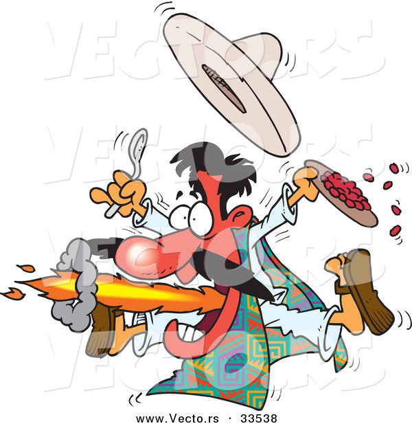 Vector of a Cartoon Mexican Man Blowing Flames from His Mouth While Holding a Plate Full of Hot Spicy Food